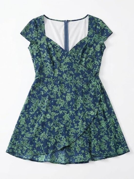 Dresses & Skirts - Blue & Green Floral Wrap Dress Short Sleeve Size L